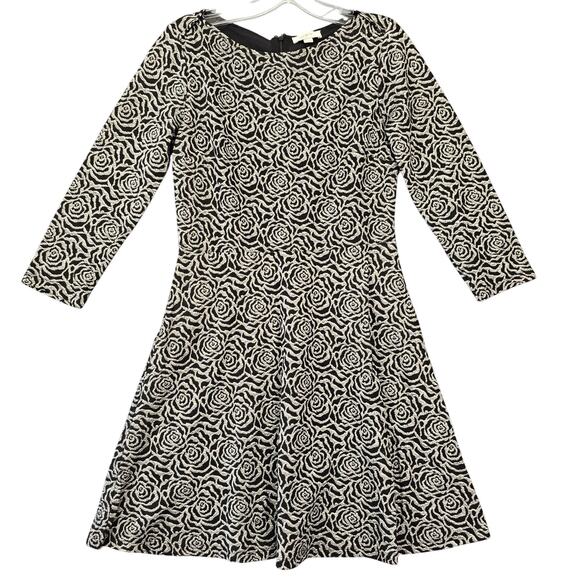Loft Black Dress Midi Preppy Floral Fit Flare Aline 3/4 Sleeves Zip Women Size 4 - Picture 1 of 9